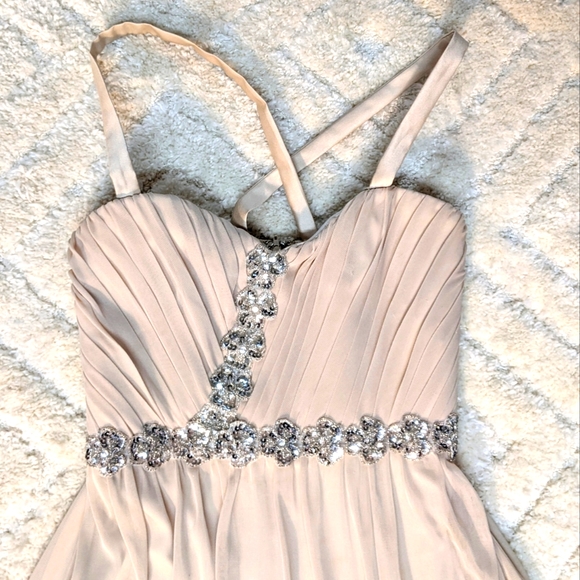 City Triangle Beige Shoulder Strapped Gown w/ Pleated Chest & Side Slit, 7 - Picture 8 of 12